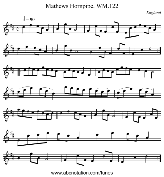 Mathews Hornpipe. WM.122 - staff notation