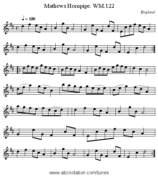 Mathews Hornpipe. WM.122 - staff notation