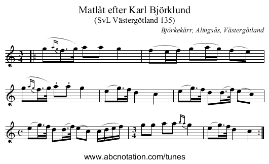 Matlåt efter Karl Björklund - staff notation