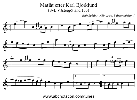 Matlåt efter Karl Björklund - staff notation