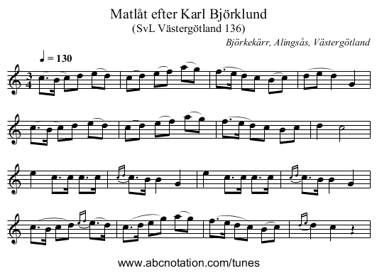 Matlåt efter Karl Björklund - staff notation