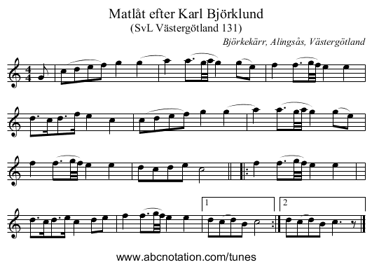 Matlåt efter Karl Björklund - staff notation
