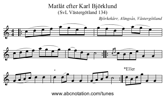 Matlåt efter Karl Björklund - staff notation