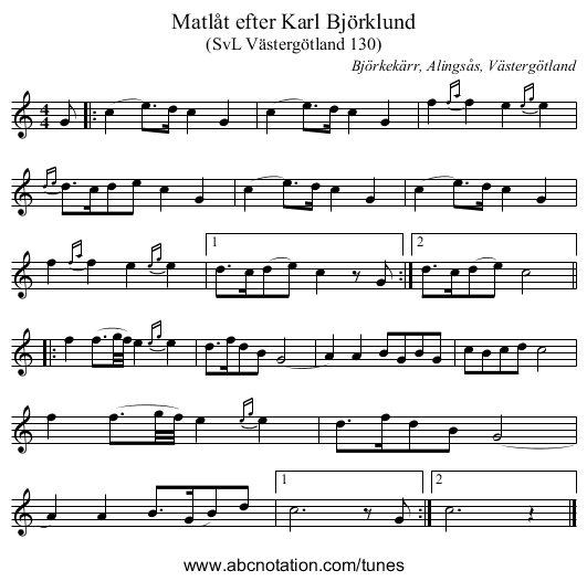 Matlåt efter Karl Björklund - staff notation