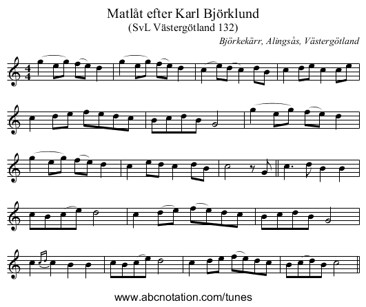 Matlåt efter Karl Björklund - staff notation