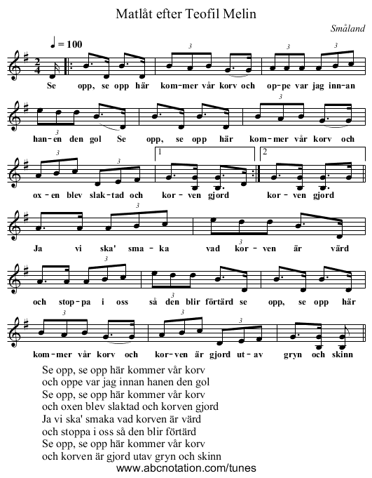 Matlåt efter Teofil Melin - staff notation