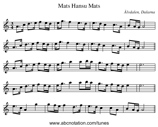 Mats Hansu Mats - staff notation
