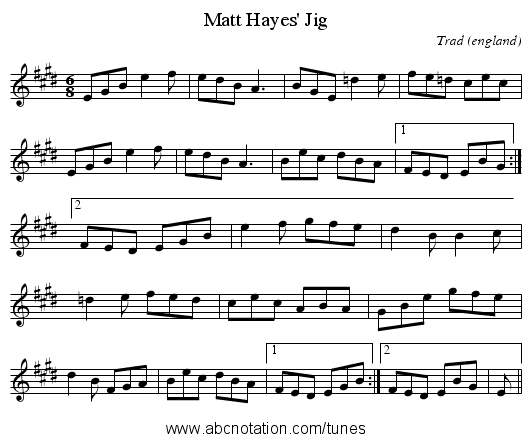 Matt Hayes' Jig - staff notation