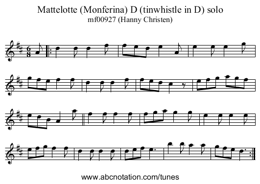 Mattelotte (Monferina) D (tinwhistle in D) solo - staff notation