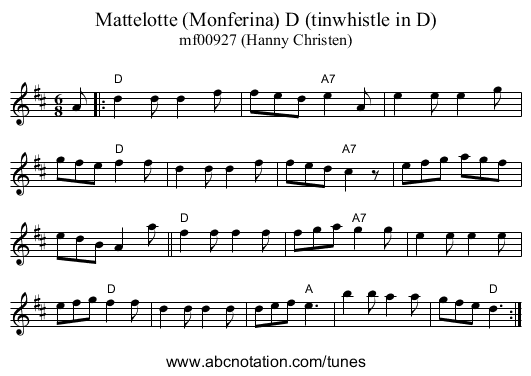 Mattelotte (Monferina) D (tinwhistle in D) - staff notation