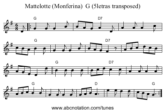 Mattelotte (Monferina)  G (5letras transposed) - staff notation