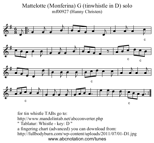 Mattelotte (Monferina) G (tinwhistle in D) solo - staff notation