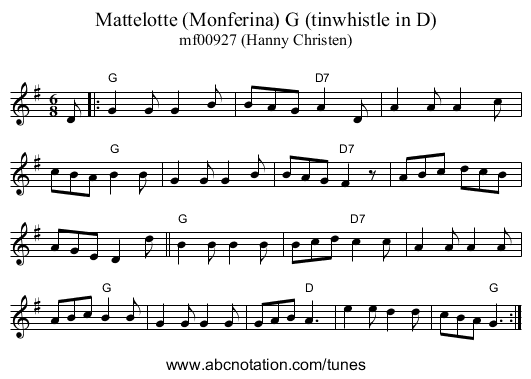 Mattelotte (Monferina) G (tinwhistle in D) - staff notation