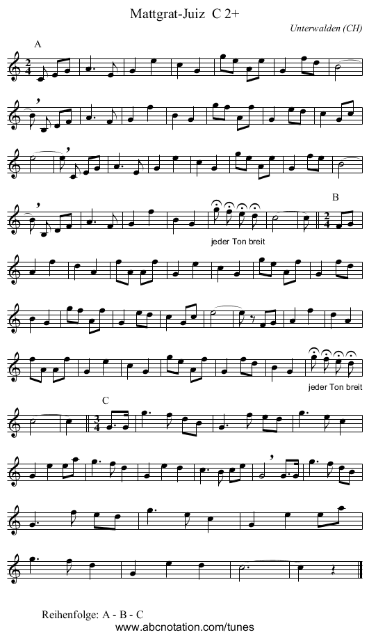 Mattgrat-Juiz C 2+ - staff notation