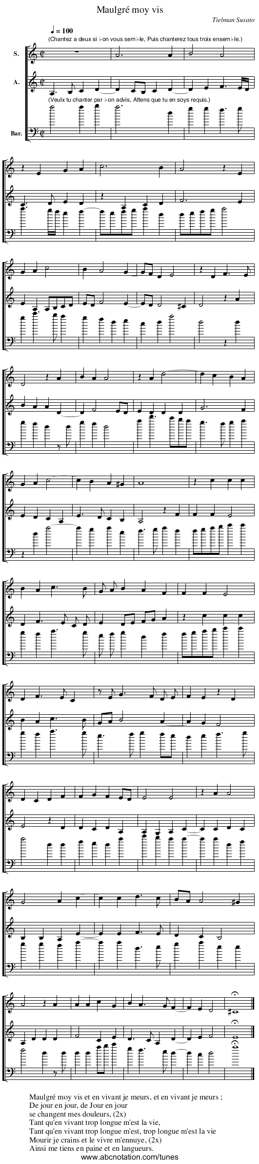 Maulgré moy vis - staff notation