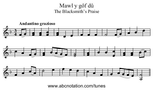 Mawl y gôf dû - staff notation