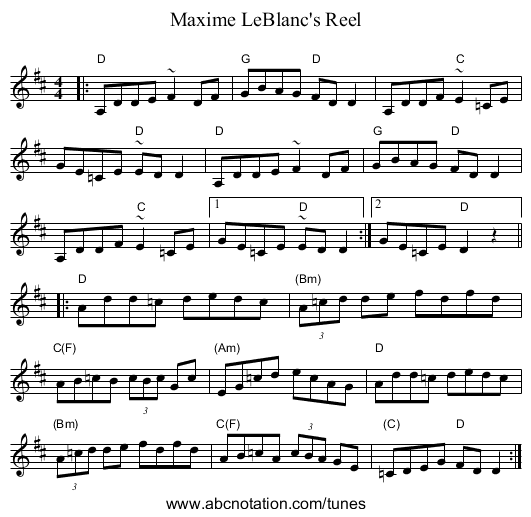 Maxime LeBlanc's Reel - staff notation