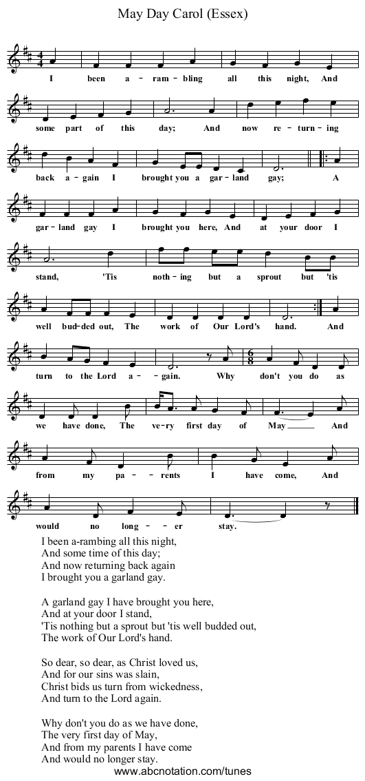 May Day Carol (Essex) - staff notation