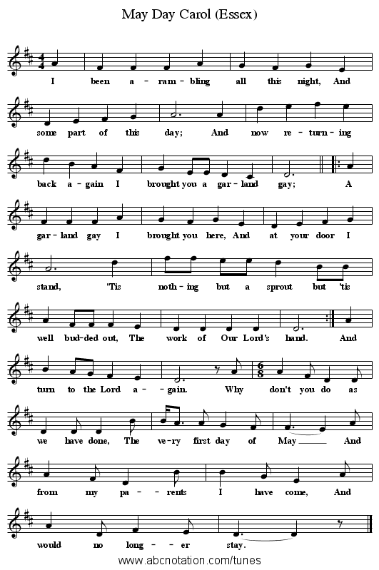 May Day Carol (Essex) - staff notation