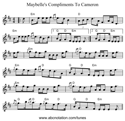 Maybelle's Compliments To Cameron - staff notation