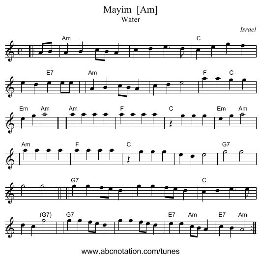 Mayim  [Am] - staff notation