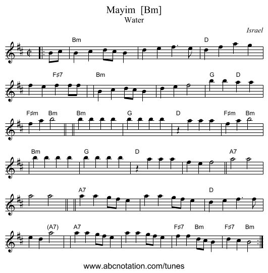 Mayim  [Bm] - staff notation