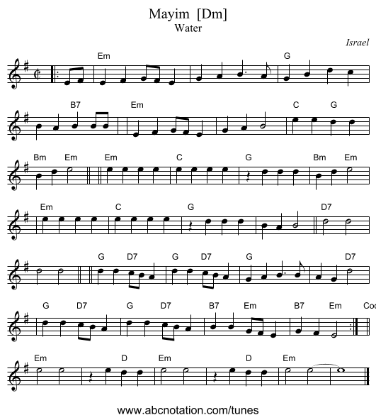 Mayim  [Dm] - staff notation