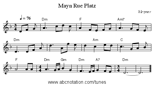 Mayn Rue Platz - staff notation