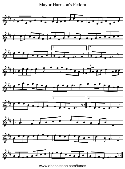 Mayor Harrison's Fedora - staff notation