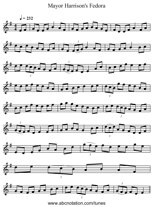 Mayor Harrison's Fedora - staff notation