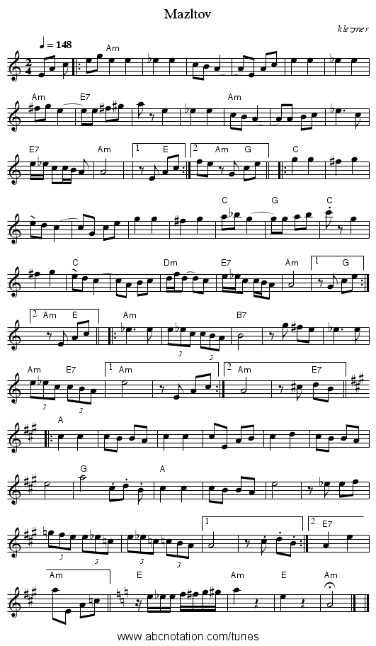 Mazltov - staff notation