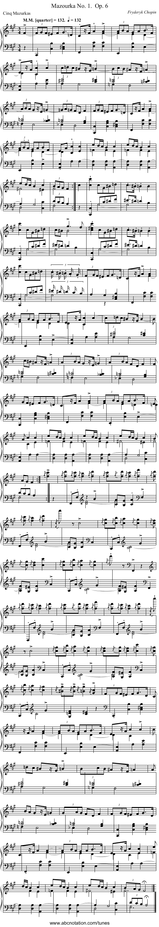 Mazourka No. 1.	 Op. 6 - staff notation