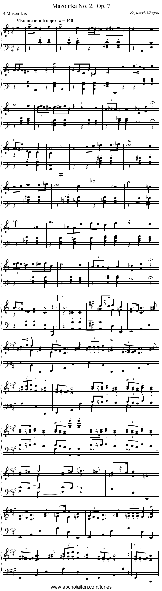 Mazourka No. 2.	 Op. 7 - staff notation