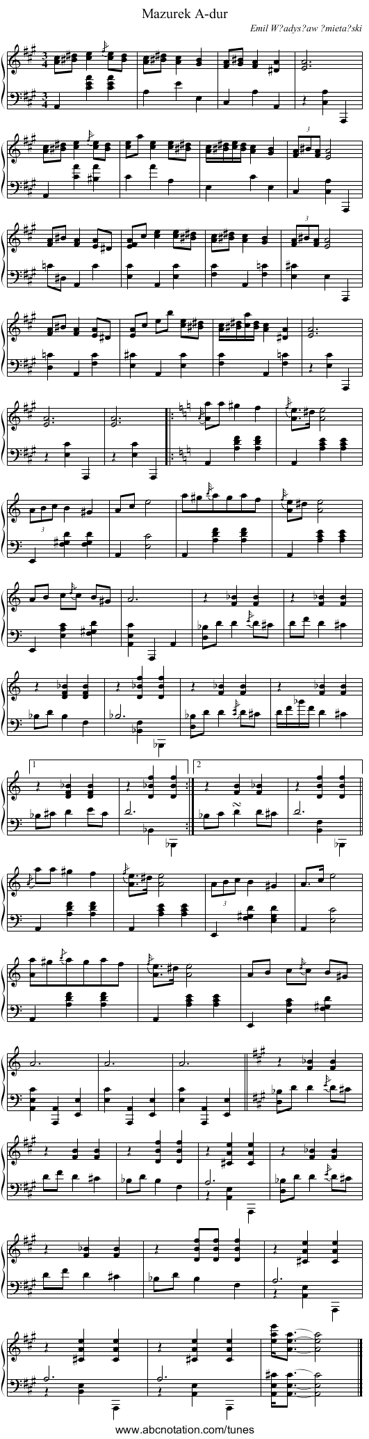 Mazurek A-dur - staff notation