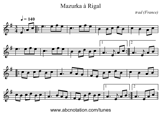 Mazurka à Rigal - staff notation