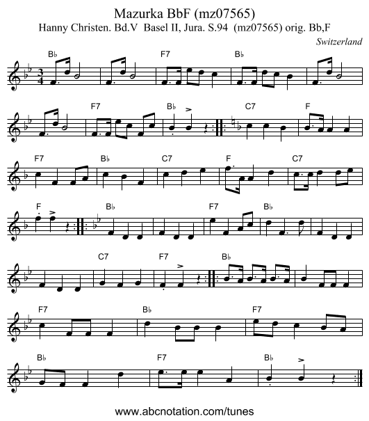 Mazurka BbF (mz07565) - staff notation