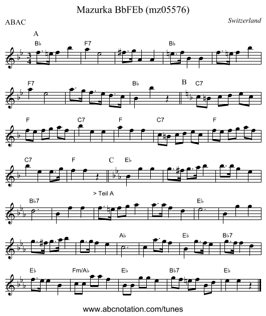 Mazurka BbFEb (mz05576) - staff notation