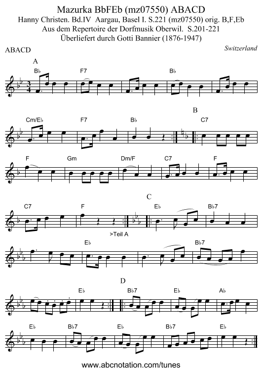 Mazurka BbFEb (mz07550) ABACD - staff notation