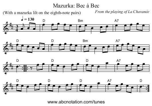Mazurka: Bec &agrave; Bec - staff notation