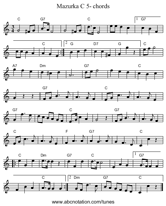 Mazurka C 5- chords - staff notation