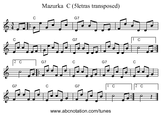 Mazurka  C (5letras transposed) - staff notation