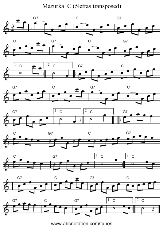 Mazurka  C (5letras transposed) - staff notation