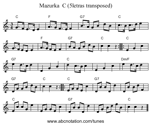 Mazurka  C (5letras transposed) - staff notation