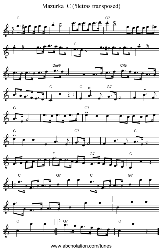Mazurka  C (5letras transposed) - staff notation