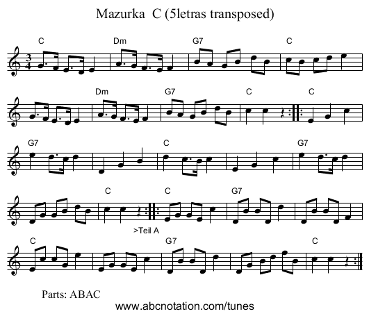 Mazurka  C (5letras transposed) - staff notation