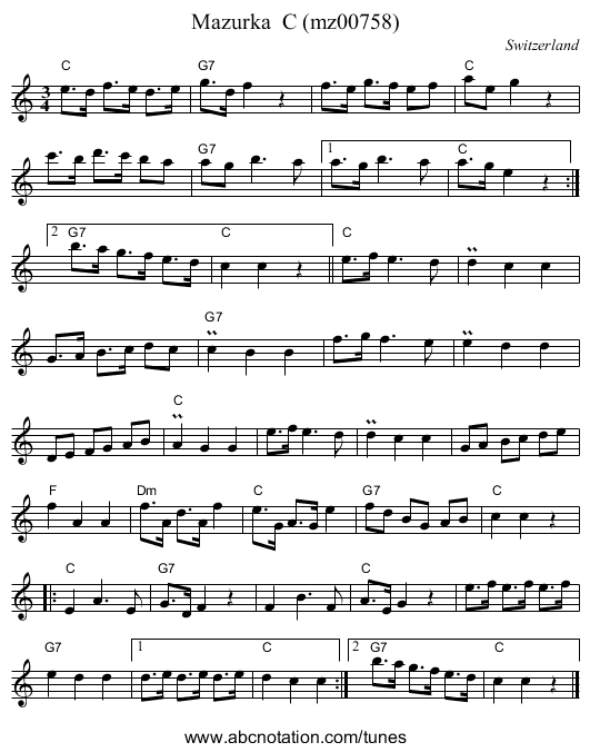 Mazurka  C (mz00758) - staff notation