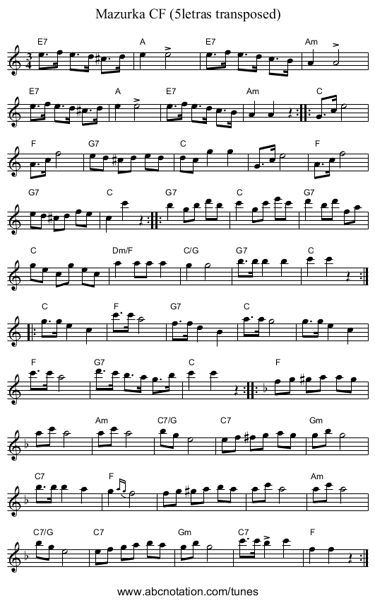 Mazurka CF (5letras transposed) - staff notation