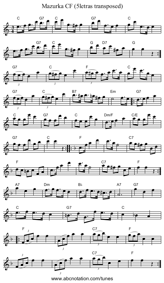 Mazurka CF (5letras transposed) - staff notation
