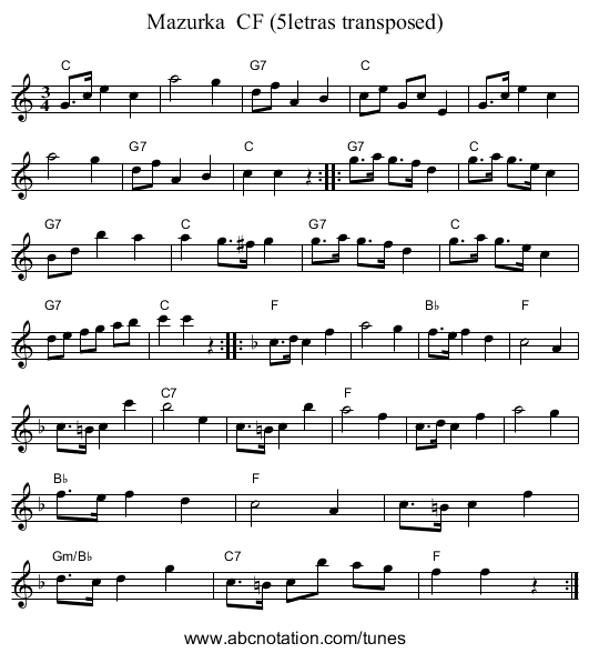 Mazurka CF (5letras transposed) - staff notation