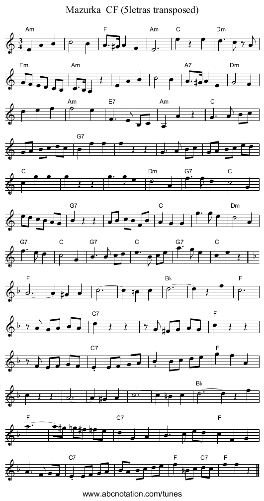 Mazurka  CF (5letras transposed) - staff notation
